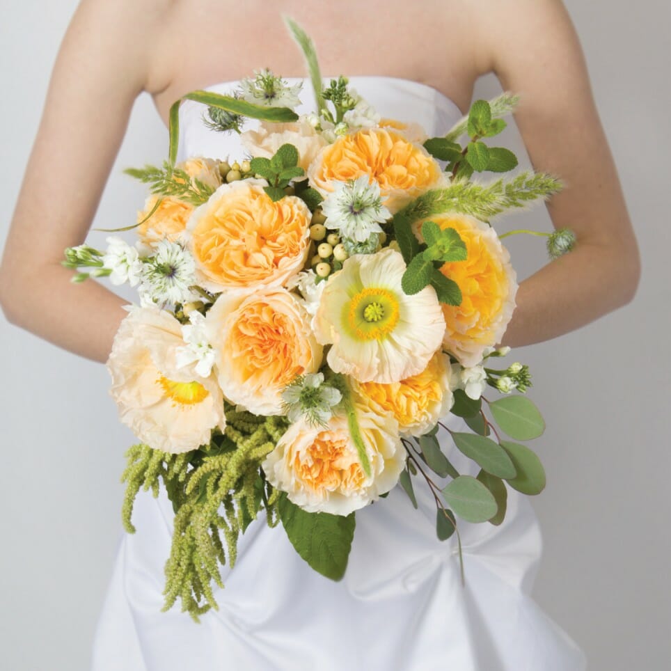 David Austin Beatrice garden roses in a golden yellow wedding bouquet