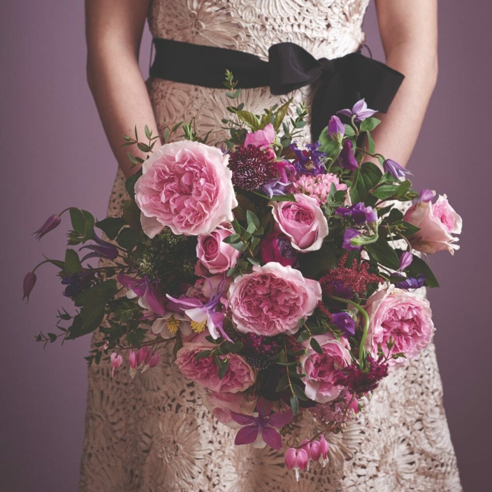 David Austin Miranda garden roses in a bold pink wedding bouquet