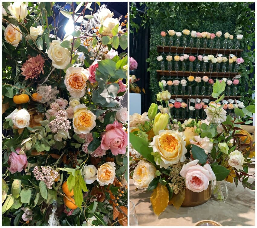 Wedding table design featuring a neutral color palette of sand, peach, blush, cream garden roses and accent flowers. Champagne wall featuring David Austin Garden Roses.