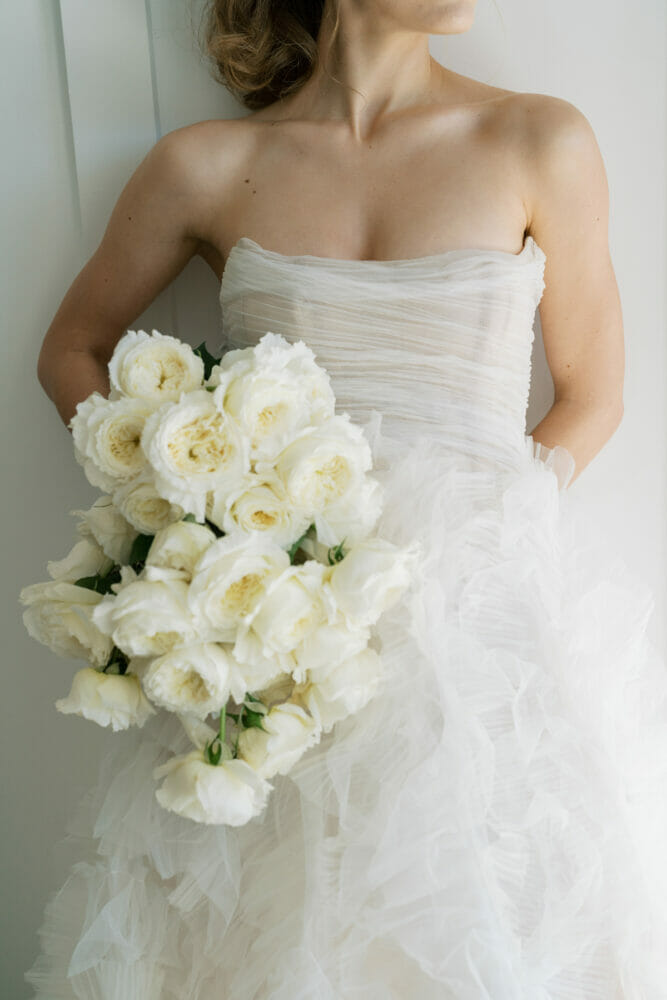 all white rose bridal bouquet designed with david austin Patience garden rose