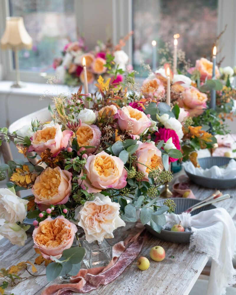 Table setting for Thanksgiving, David Austin Edith and Purity garden roses in a long floral centerpiece accented with candles
